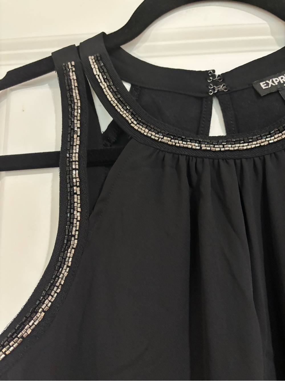 Express Black Beaded Halter Top with Silver Accents